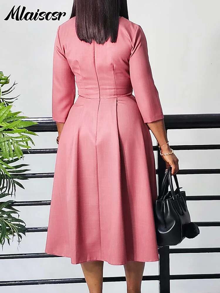 Mlaiscsr Elegant Pink A-E Dresses Women V-Neck 3/4 Sleeve Pleat African Party Evening Guest Birthday Midi Dress OL Clothing