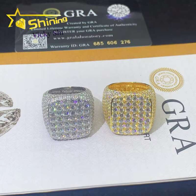 Rapper Hip Hop Jewelry S Sier Gold Plated Iced Out VVS Full Moissanite Ring Pass Dia Tester