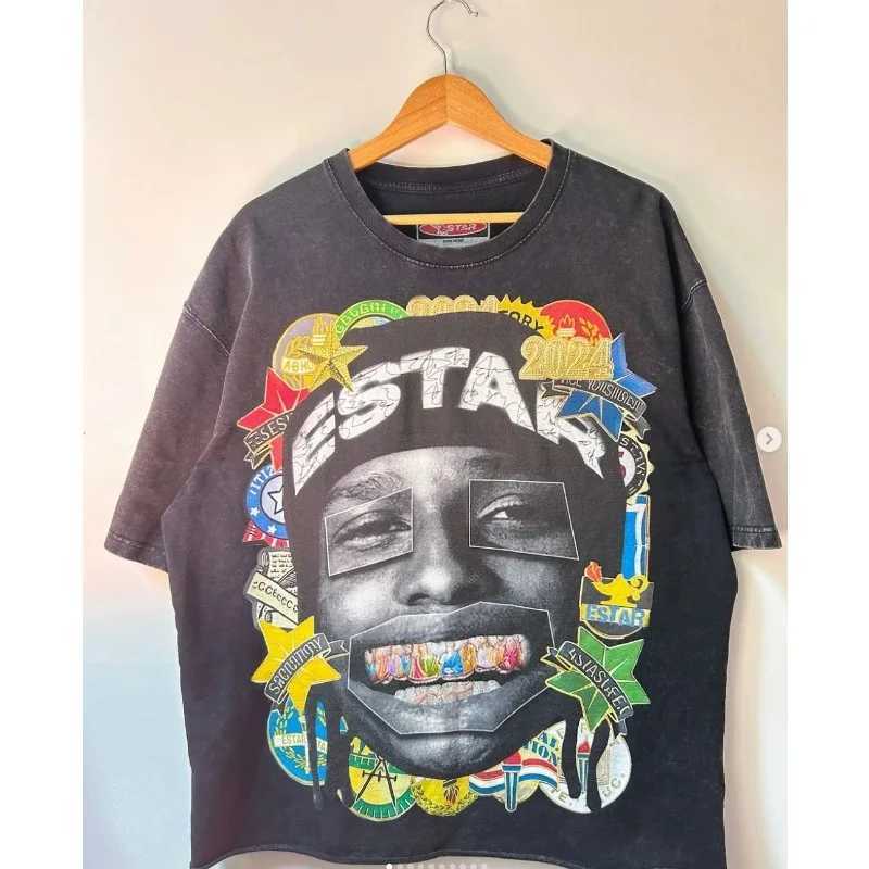 Y2K Round Neck Short Slves Harajuku Oversize T-shirt for Men New Vintage Graffiti Graphic Design Print Cropped Couple TopsC250418