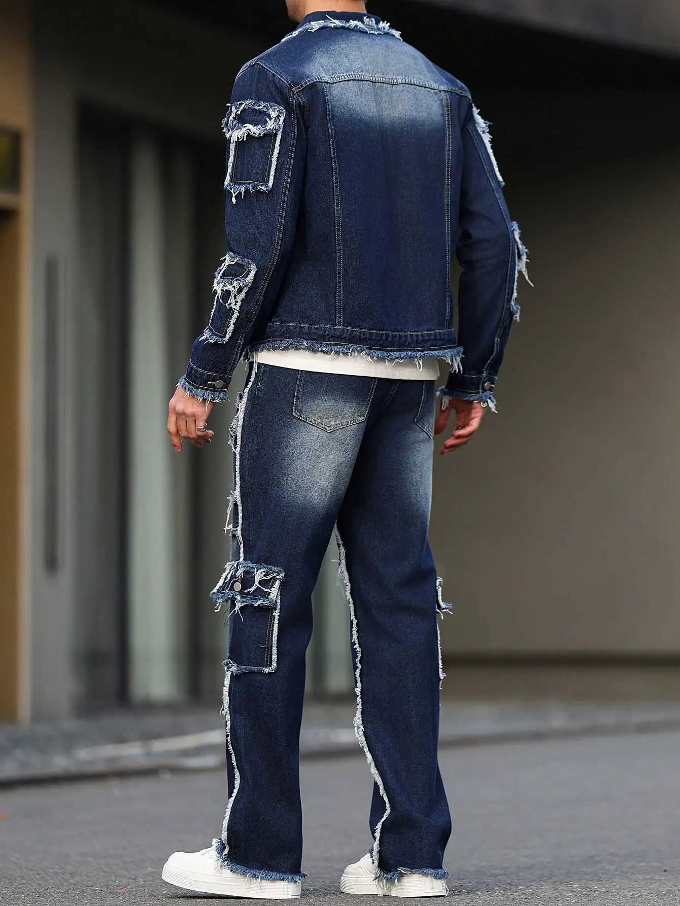 Mens spring and autumn denim suit multi - pocket design wide straight - leg pants style M251118