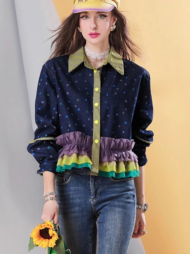 Womens Short Denim shirt Polka Dot Ruffle Patchwork Blouse Color Block Button-Up Long Sleeve Vintage Casual Streetwear 250417