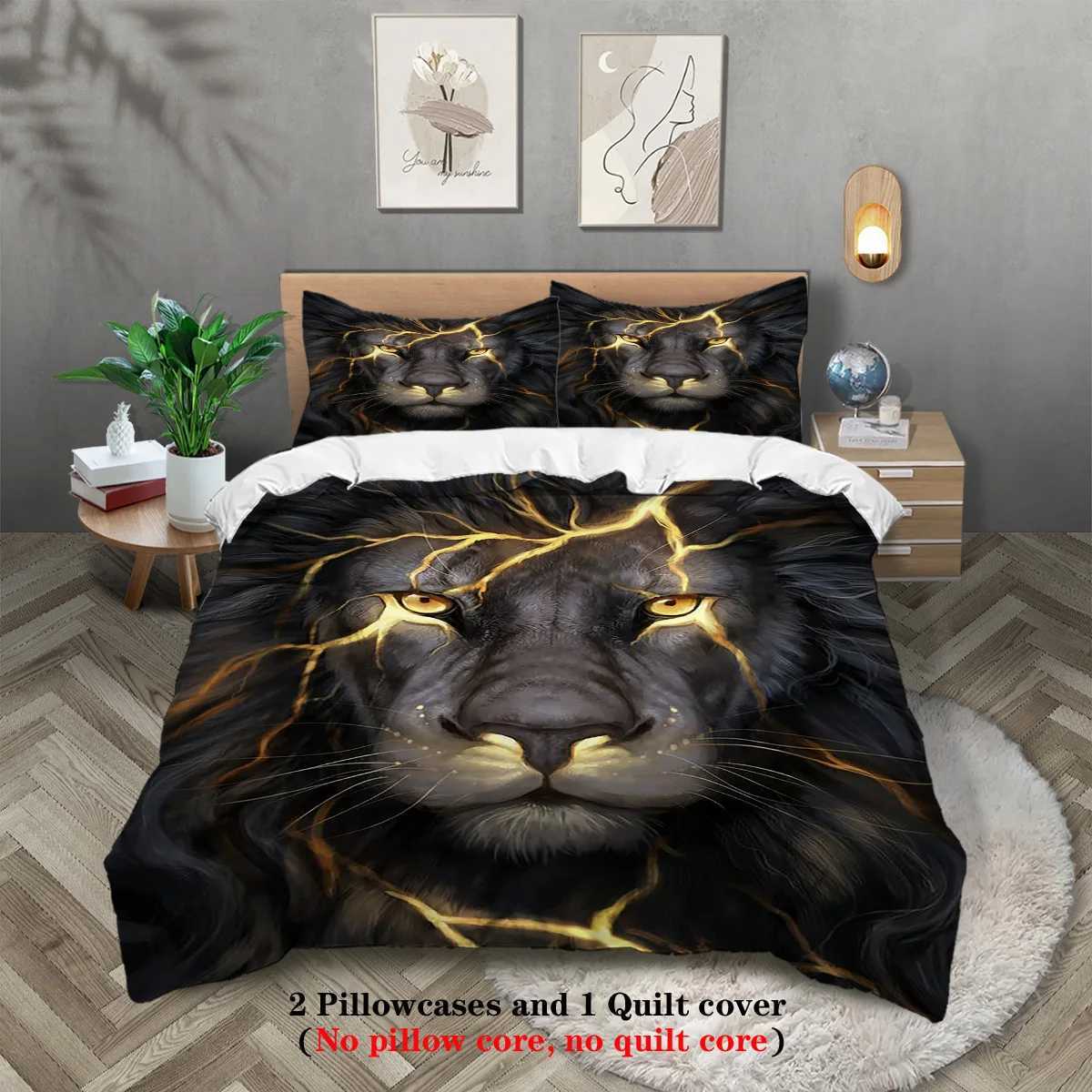 Animal Duvet Cover Set Queen Size Polyester Lightning Lion Pattern Duvet Cover Grey Black Soft Bedding Set for Teen Boys ManM251118