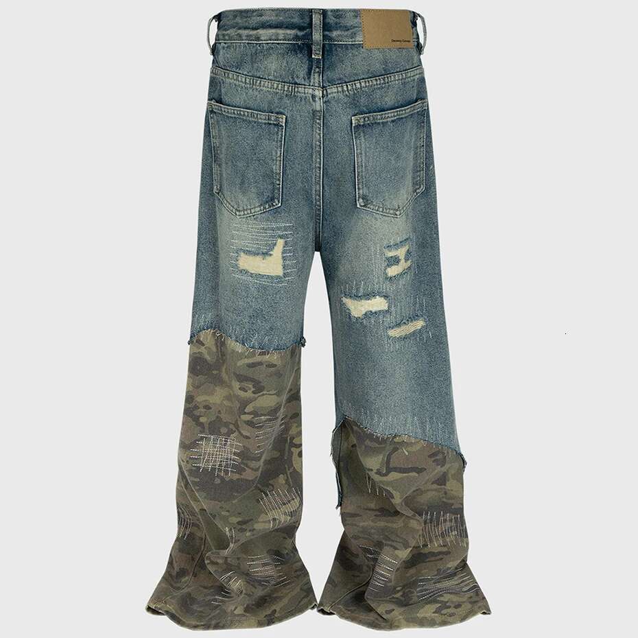 Camouflage Patchwork Vintage Ripped Splicing Flared Denim Pants Men Streetwear Hip Hop Blue Baggy Jeans Trousers
