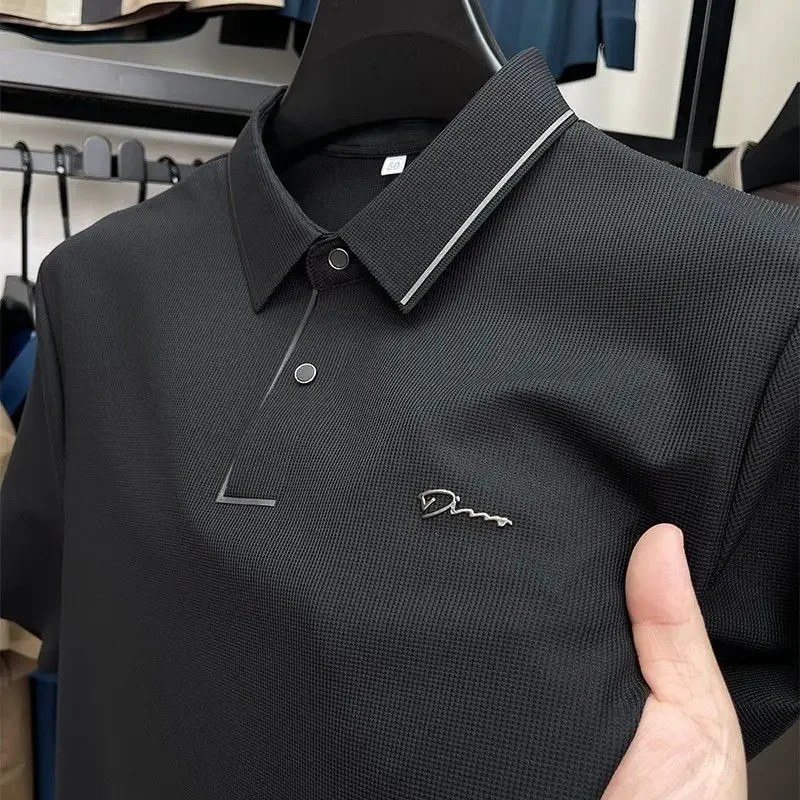 Summer British style clothing mens polo shirt 100% pure cotton business collar printed polo shirt loose short sleeved T-shirt 250410