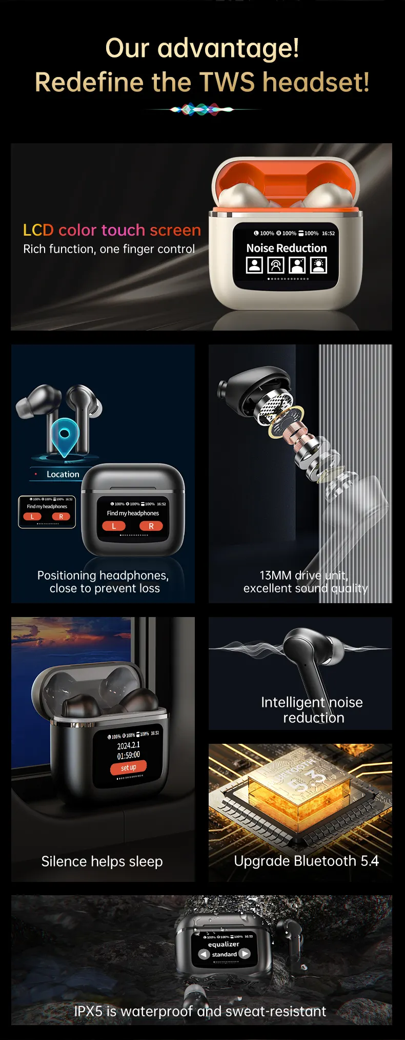 YW09 bluetooth Headset with APP LCD Full Color Touch Screen Charging Case Waterproof Wireless Earphone Support Time Setting