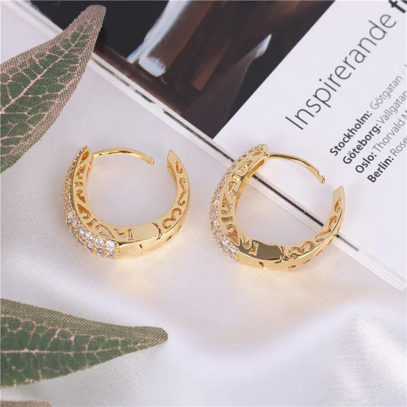 Women's Hollow Hoop Earrings with Cubic Zirconia - Gold Tone Luxury Fashion Accessory