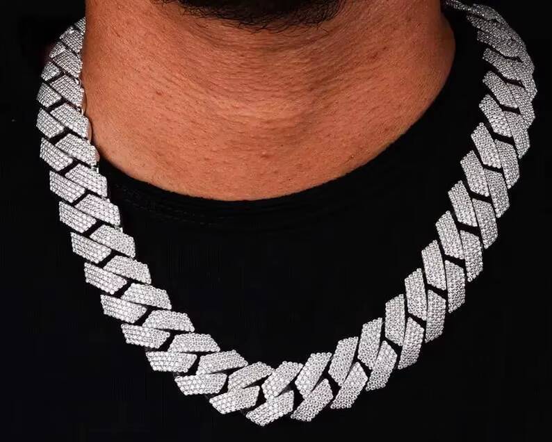 925 Sterling Silver Chain 20mm Cuban Link Chain Custom Clasp With Moissonite GRA Certified Pass on the Diamond Tester