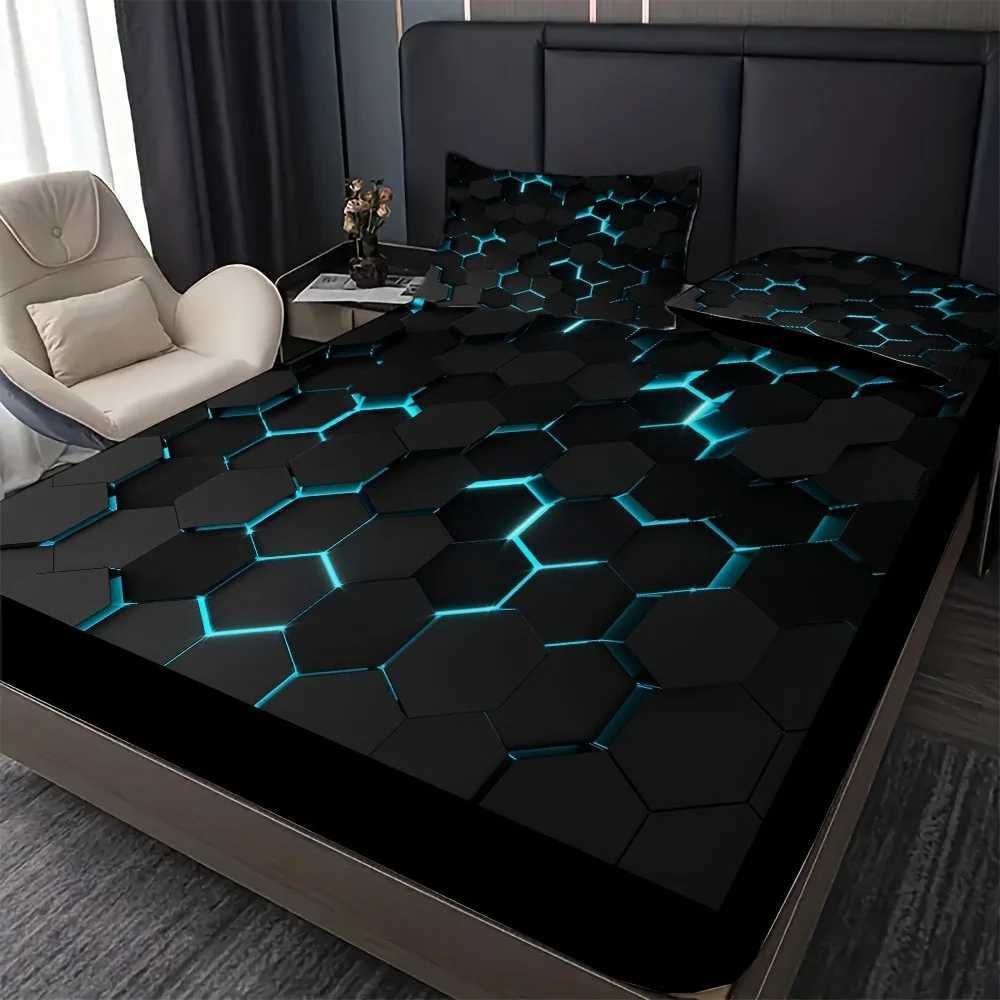 Blue 3D Hexagonal Honeycomb Geometry Print Fitted Sheet Set Column Mosaic Art Neon Mattress Covers Bedding Set With Deep PocketM251118