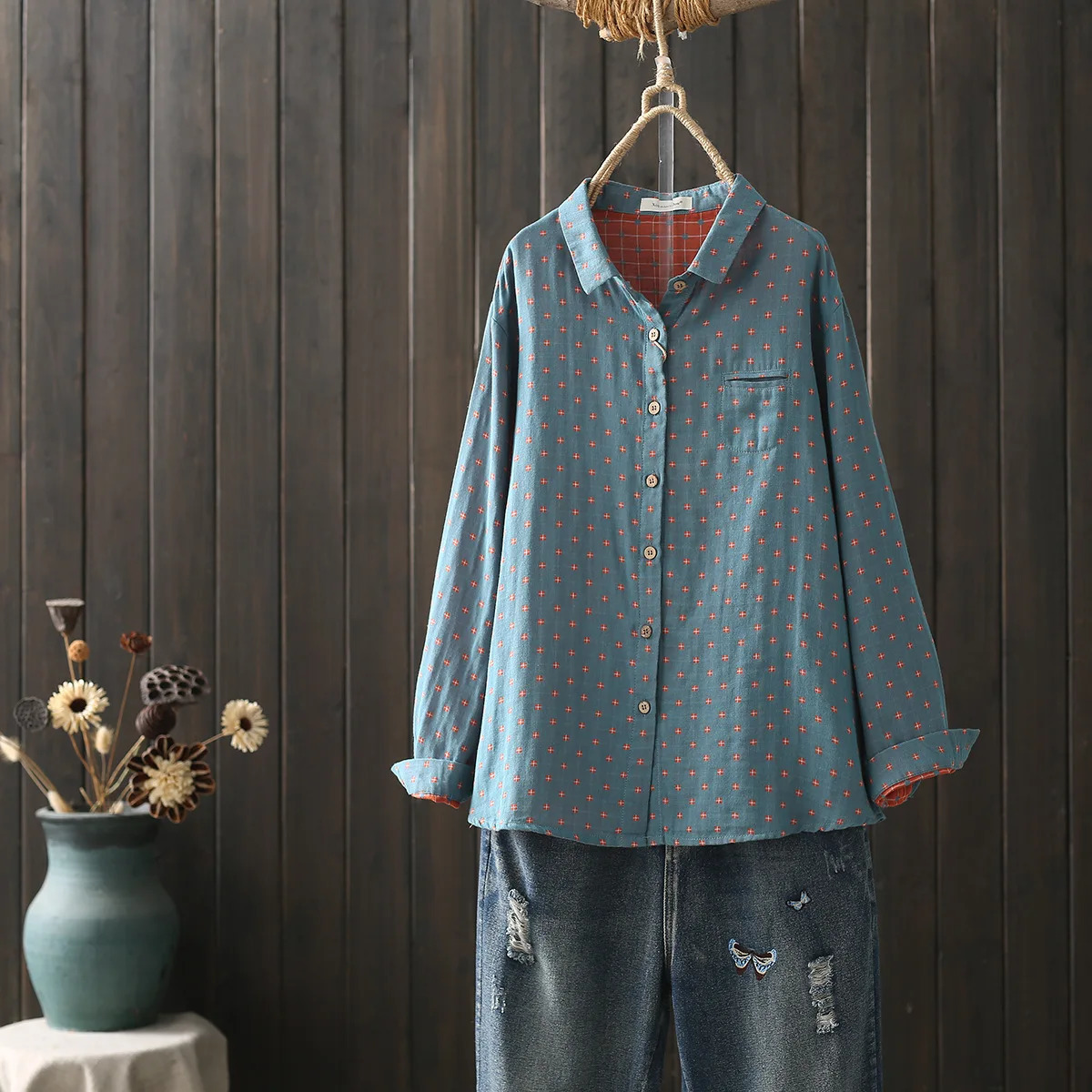 Autumn Two Layer Cotton Yarn White Shirts Women Dot Print Tops Long Sleeve Pocket Loose Casual Blouses Spring T38513JM 250417