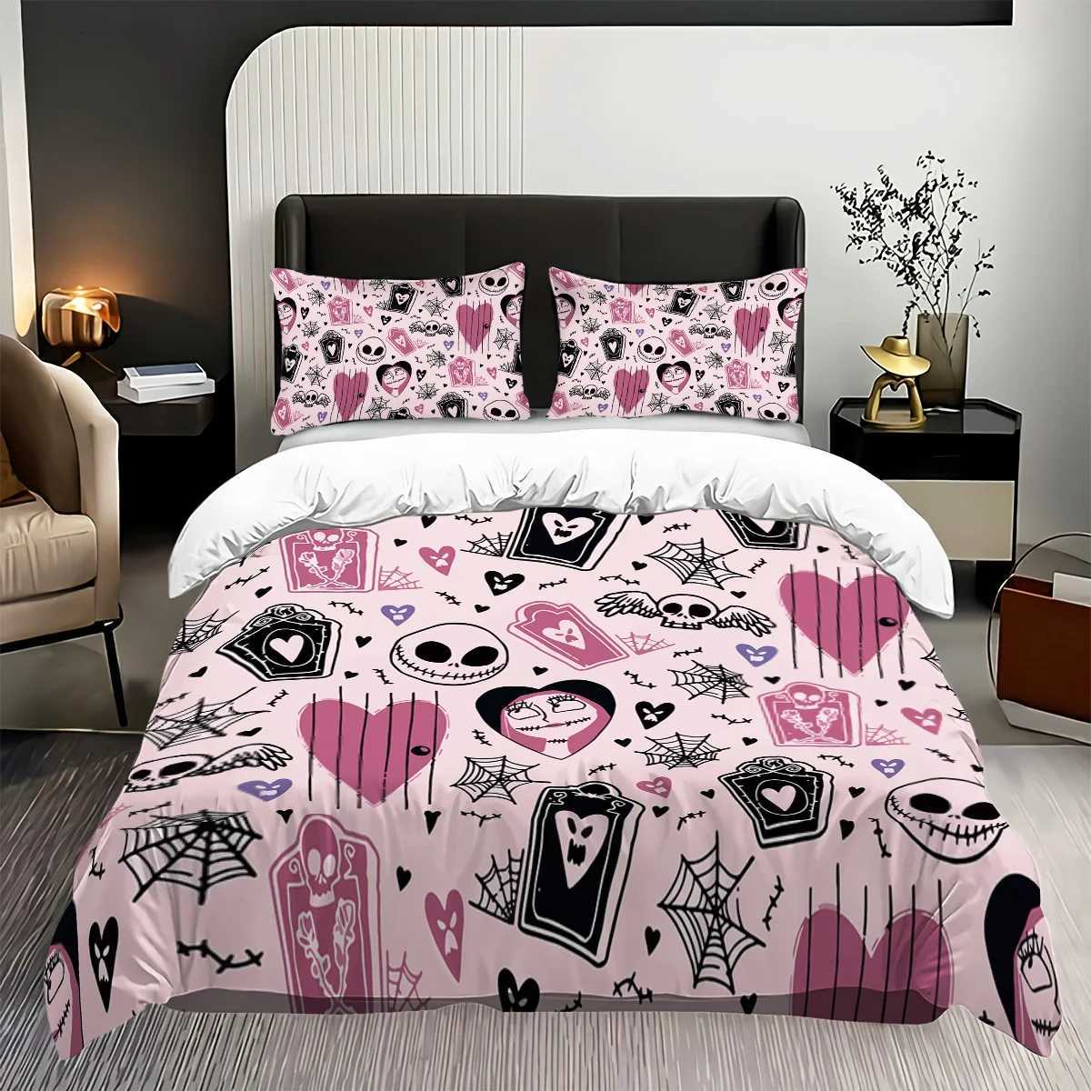 3-piece Halloween themed pink cute skull and heart-shaped pattern duvet cover set 1 duvet cover2 cases corelessM251118