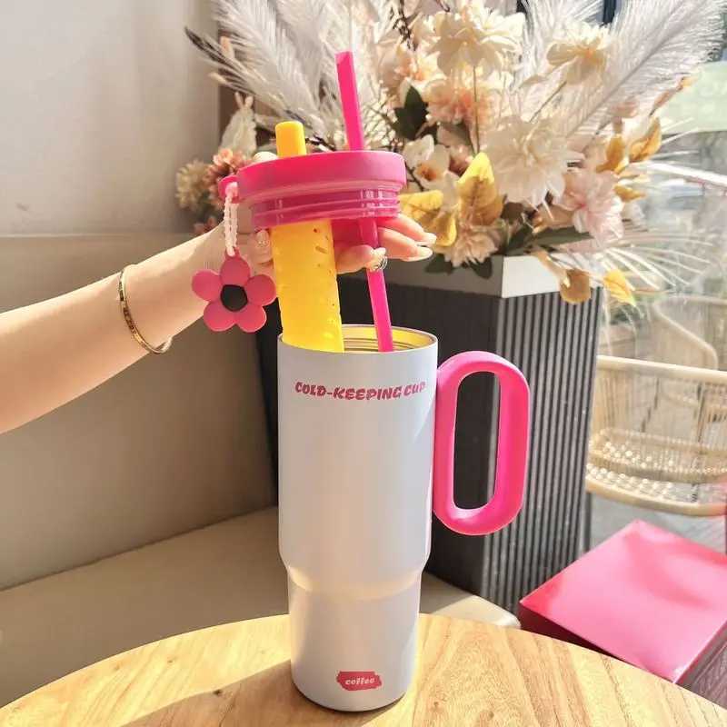 Large Capacity High Aesthetic Straw Bottle Couple Water Cup Girlfriend Gift Double Wall Insulated Stainless Steel Tumbler Y251120 W260226