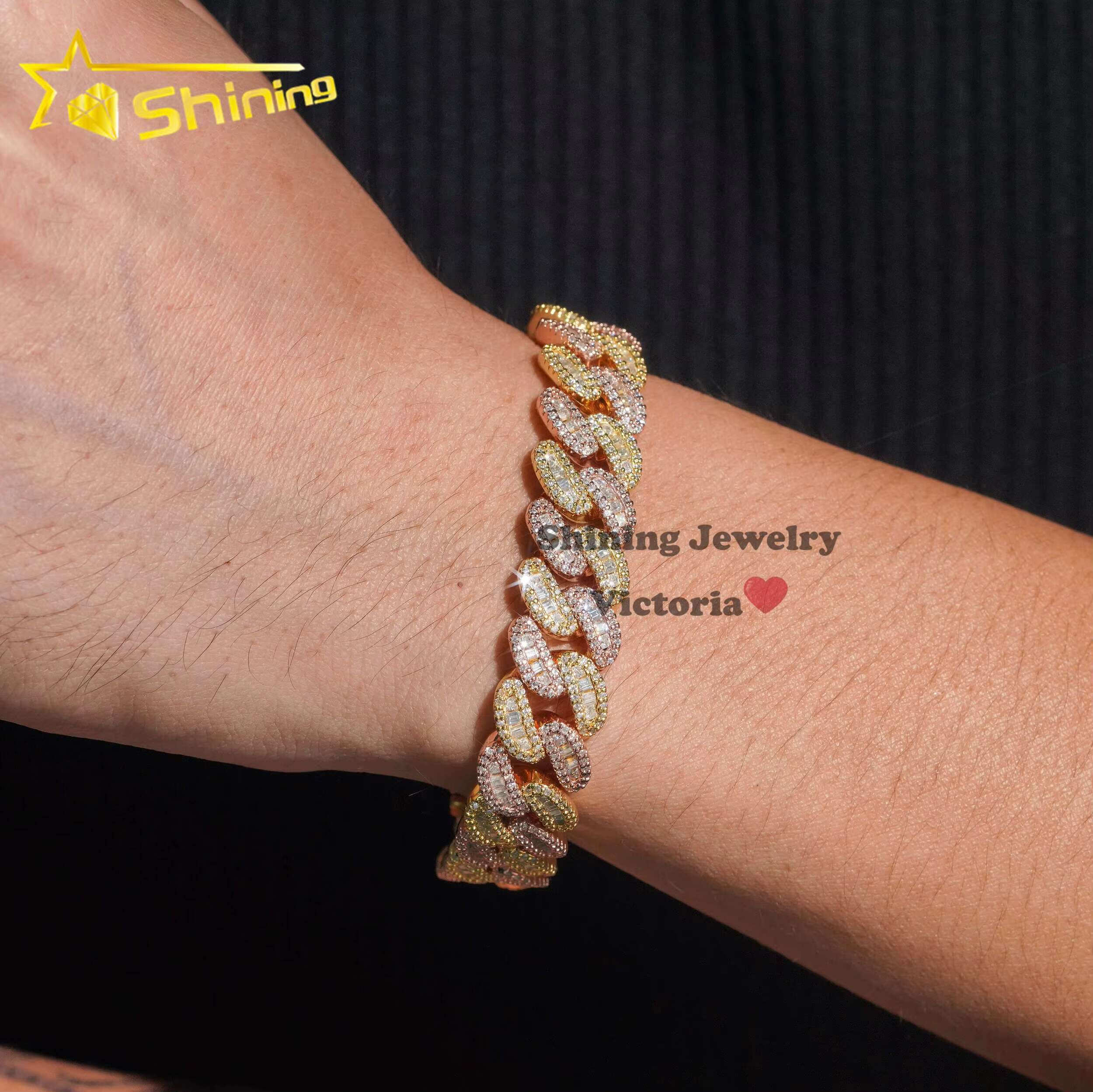 Hip Hop Iced Out Sterling Sier Rose Mix Yellow Gold 13MM Width Baguette Moissanite Cuban Link Chain Bracelet for Men