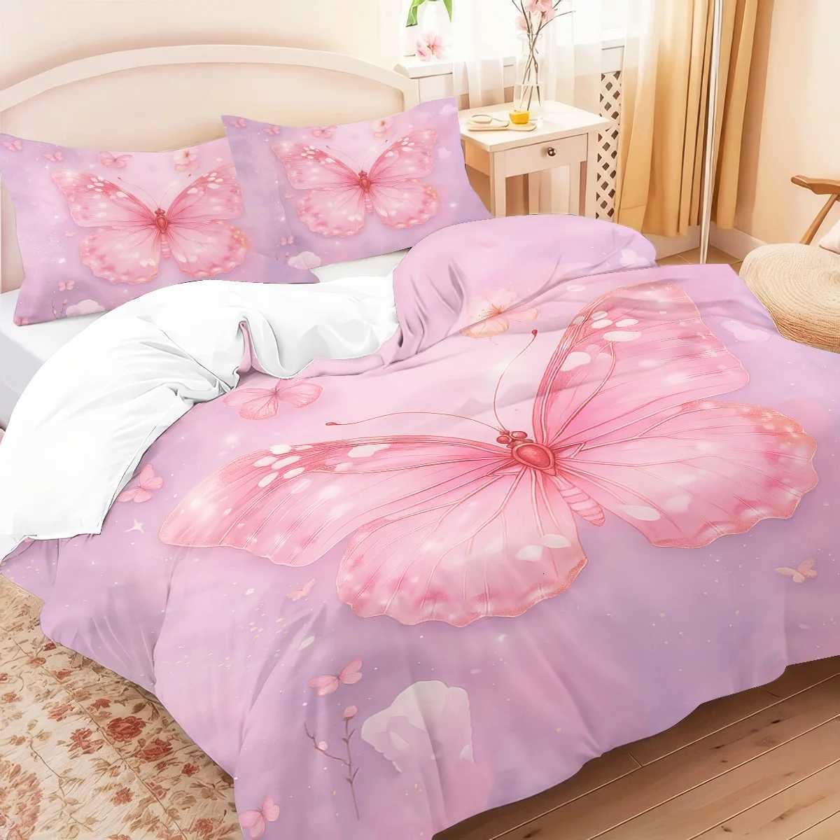 3pcs pink butterfly patterned duvet cover set 1 duvet cover2 cases coreless Soft and comfortable bedding setM251118