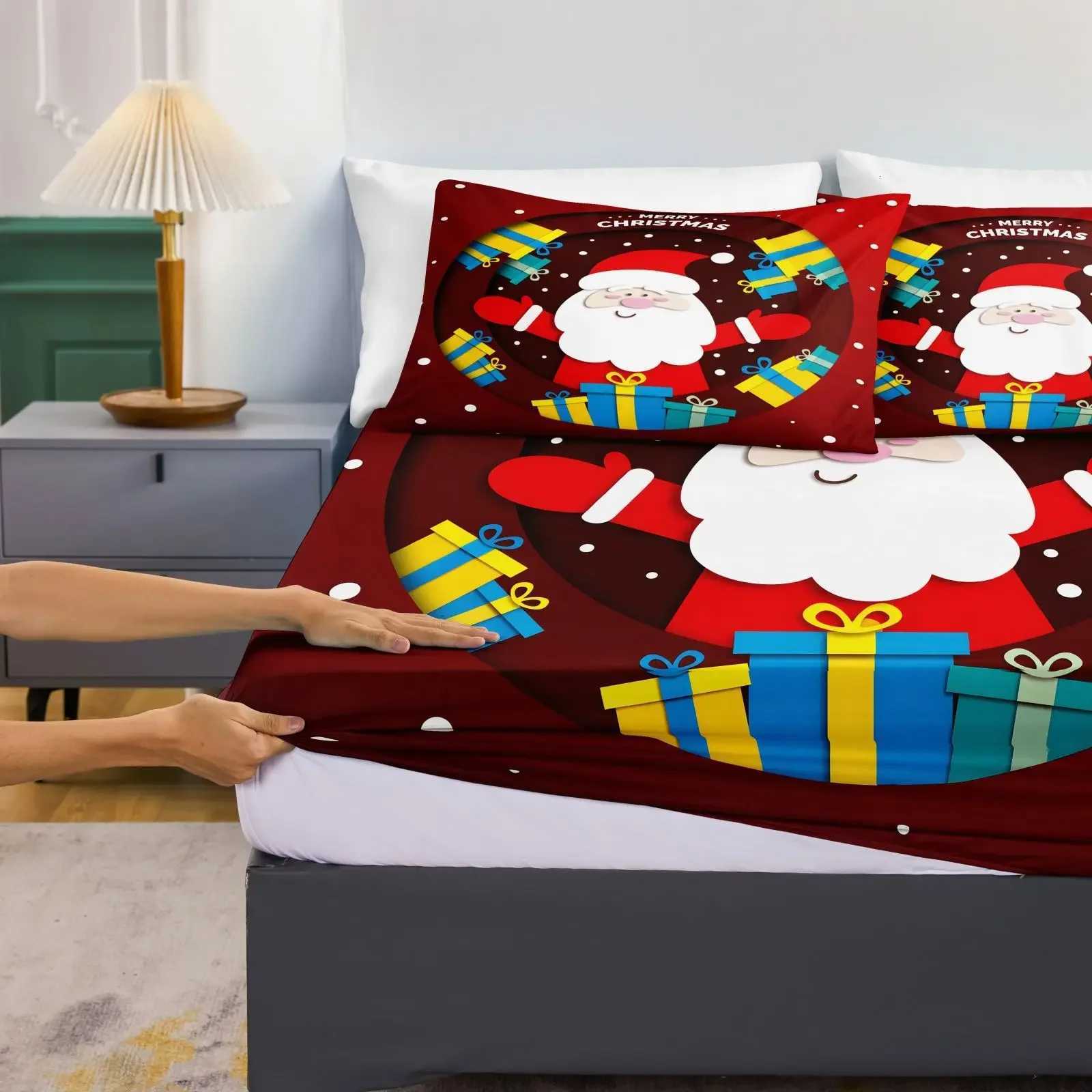1PC Christmas Gift Santa Claus Digital Print Bed Sheet case Set Sanded Polyester Fitted Sheet with Deep Pocket 30-34cmM251118