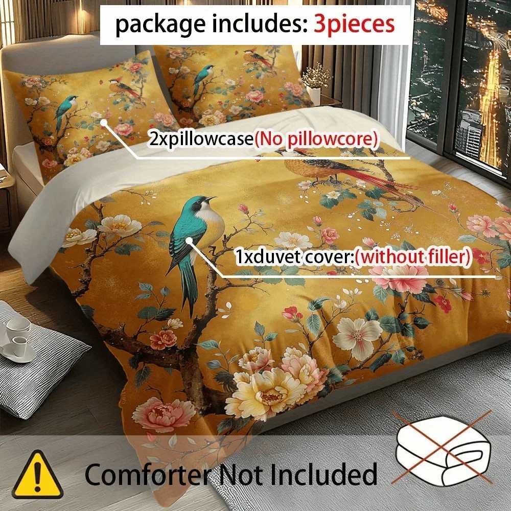 3pcs Two Birds Dancing with Flowers Pattern Digital Print Quilt Set - Includes 1 Quilt Cover and 2 Cover without FillerM251118