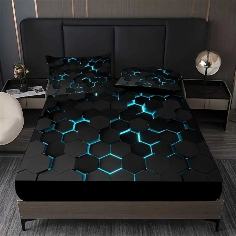 Blue 3D Hexagonal Honeycomb Geometry Print Fitted Sheet Set Column Mosaic Art Neon Mattress Covers Bedding Set With Deep PocketM251118