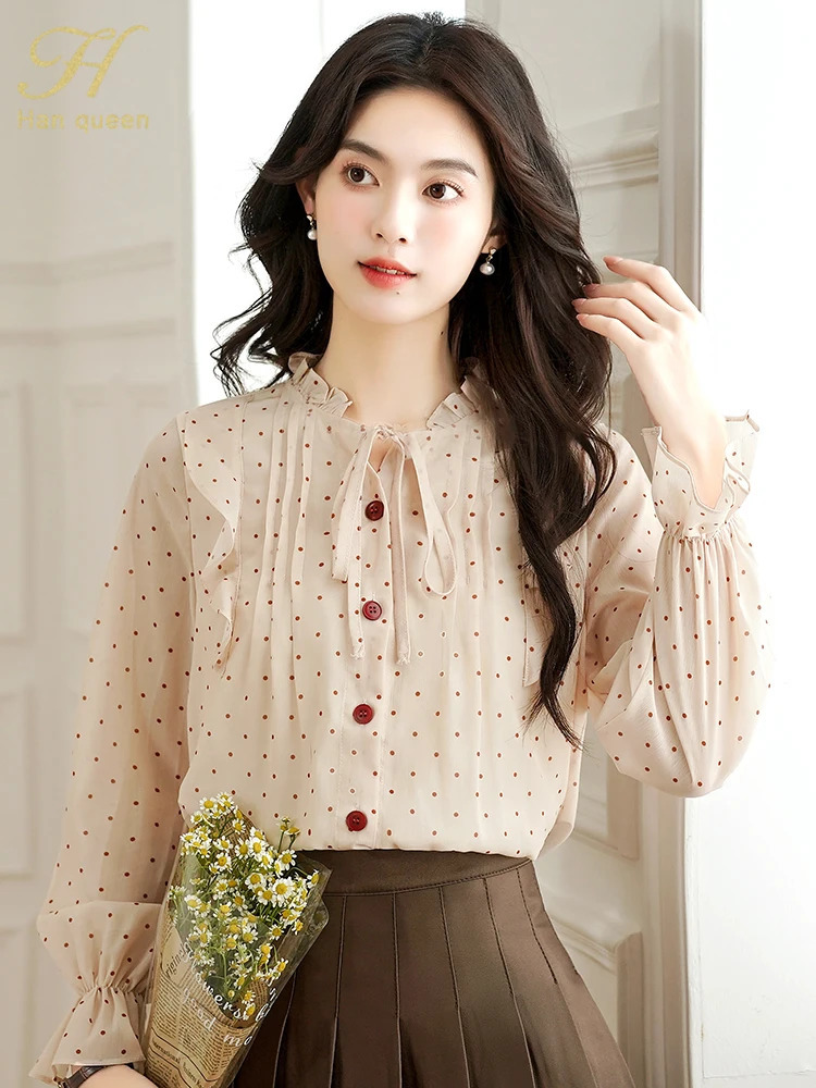 H Han Queen 2025 French Style Womens Top Chiffon Spring Chic Polka dot Shirt Long Sleeve Shirt Retro Casual Blouses 250417