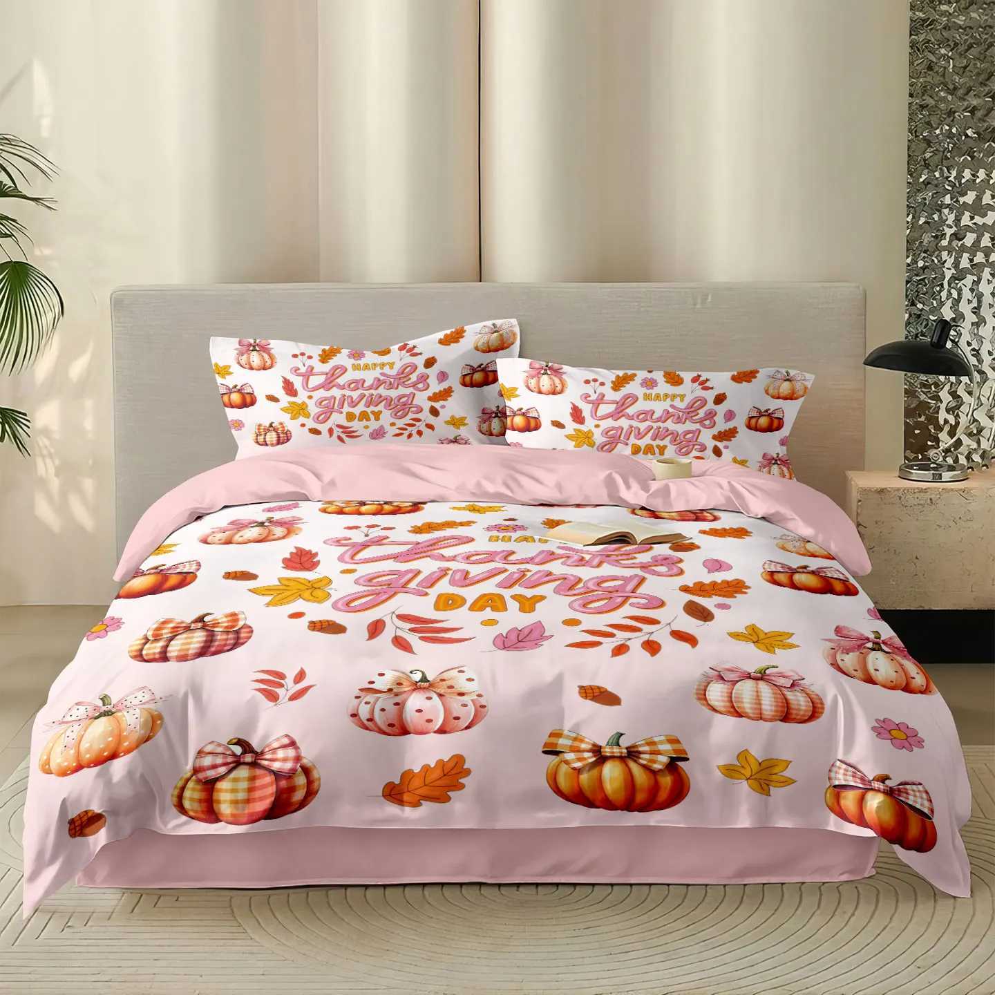 3pcs Pink Autumn Harvest Pumpkin Print Quilt Set with Coreless Multi Size Bedrooms Dormitories Soft Comfortable Machine WashableM251118