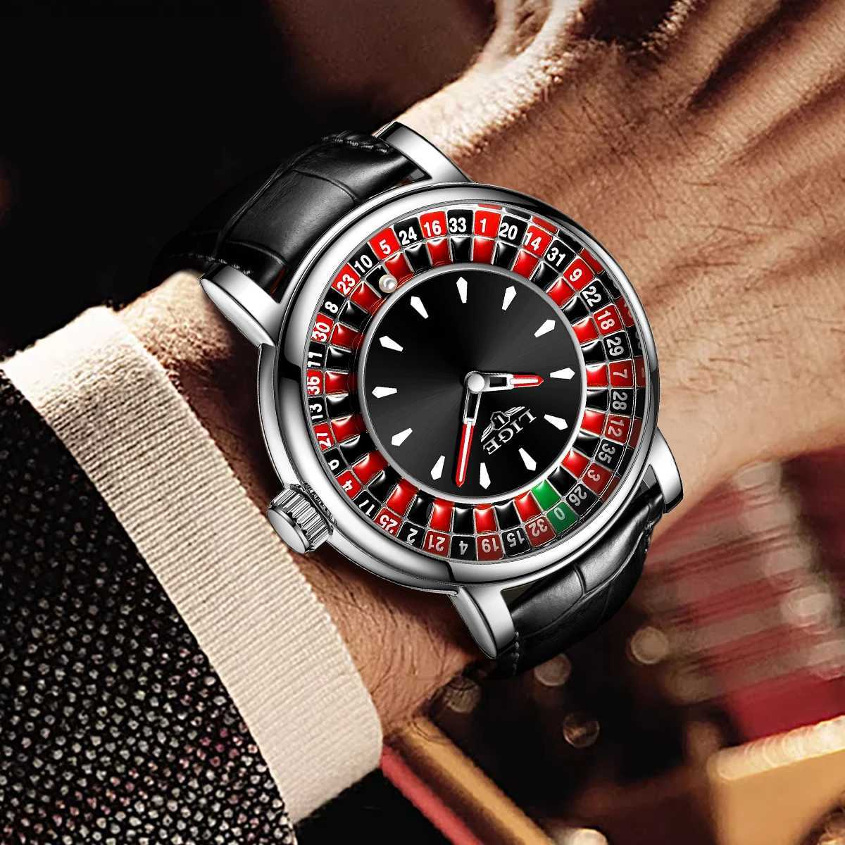 LIGE Outdoor Fashion Quartz Mens Watch Leather Casual Retro Creative Gambling Table Roulette Gaming Dial Waterproof Mens Watch M250418