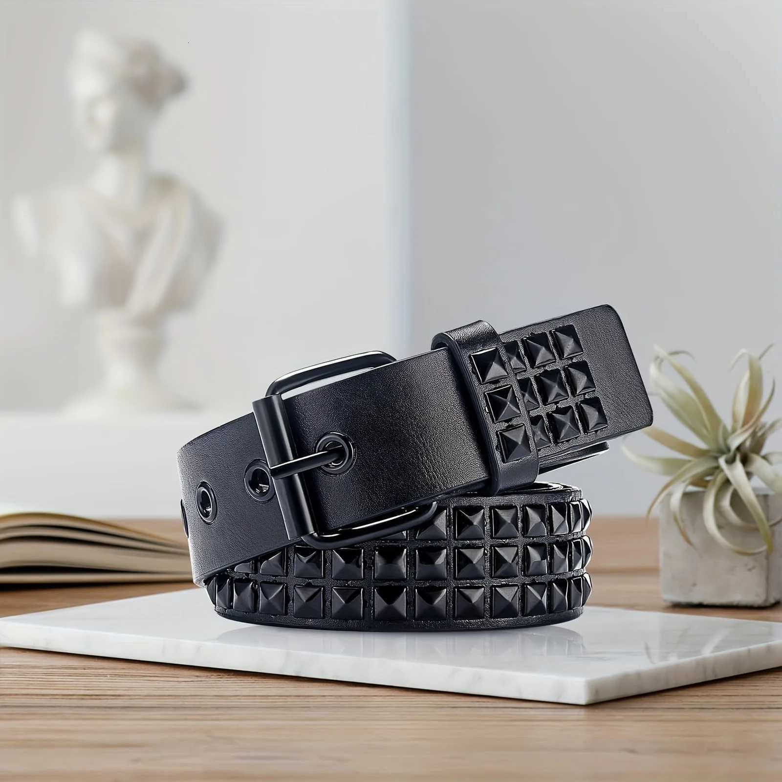 Black Three-Row Rivets Punk Style Fashionable Belt for Men and Women Rock Metal Belt W251118