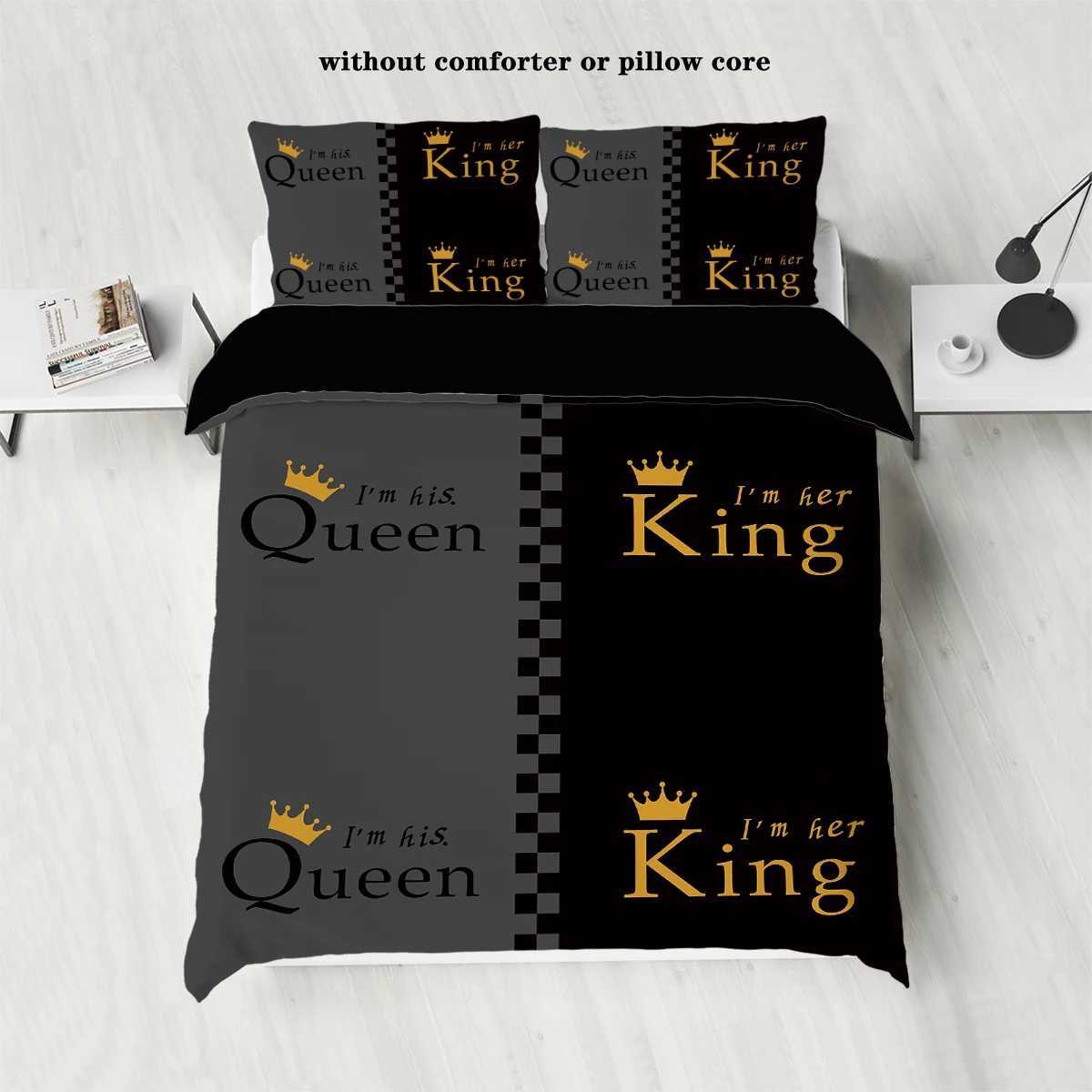 3pcs fashionable black gray crown design printed bedding set soft comfortable and breathable down duvet cover bedroom hotelM251118