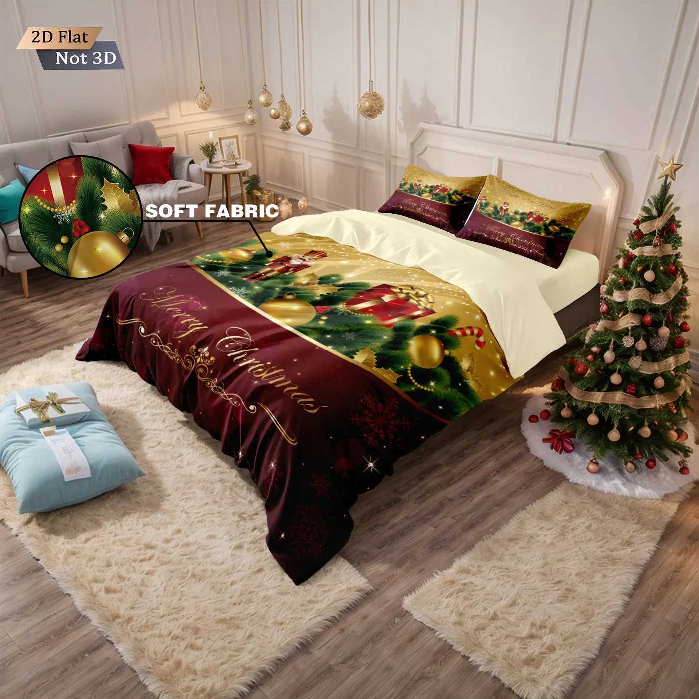 3pcs Christmas Gift Wreath Printed Core Free Bedding Set Soft and Comfortable Dormitory Bedroom Multiple Sizes Machine WashableM251118