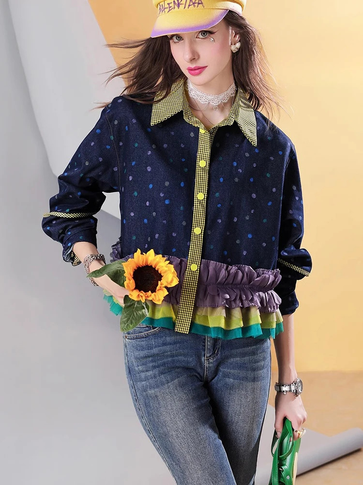 Womens Short Denim shirt Polka Dot Ruffle Patchwork Blouse Color Block Button-Up Long Sleeve Vintage Casual Streetwear 250417