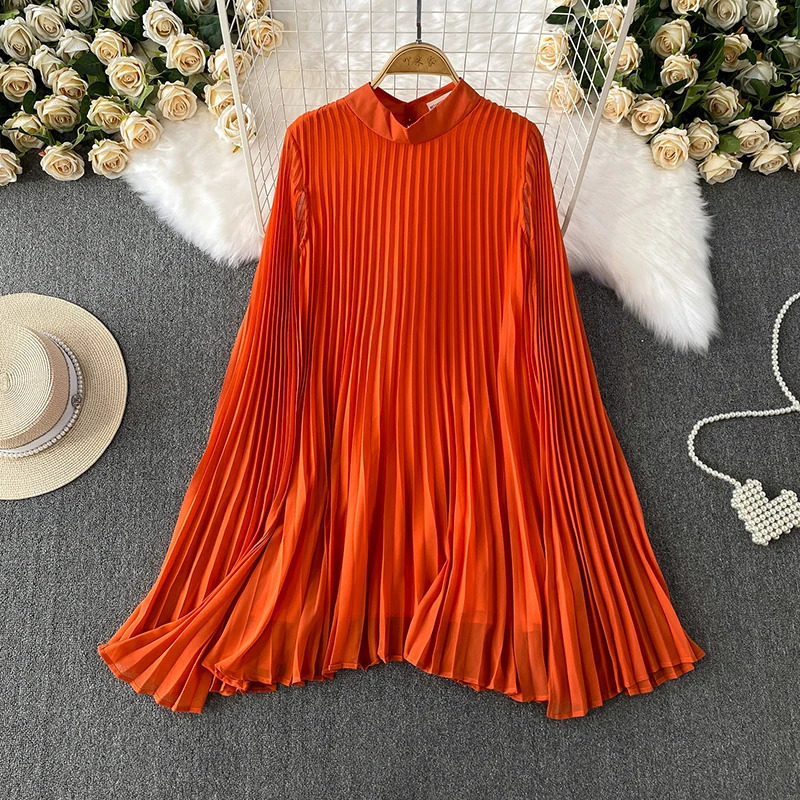 XFPV Fashionable Pleated Dress Women Casual Stand Collar Long Flare Sleeves Solid Color Big Umbrella Dresses Female 22D1140 250417