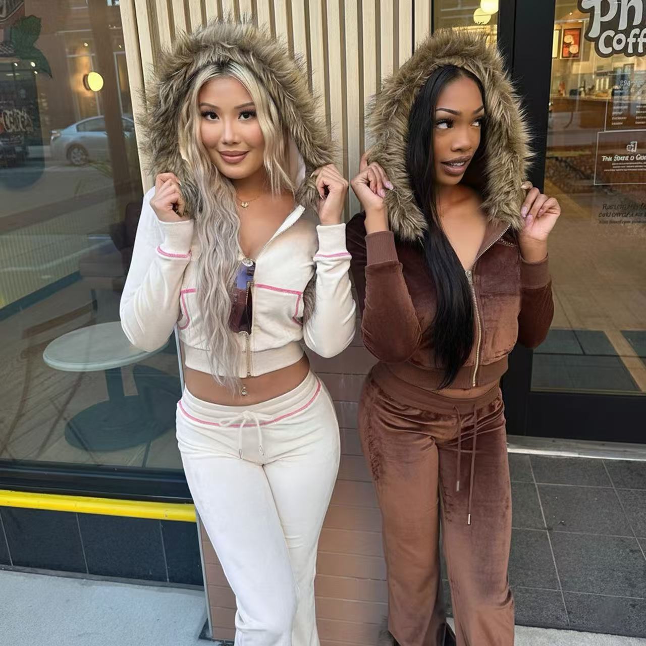 Top Y2K Women Fashion Tracksuits Velvet Sports Suit Casual Hooded Jacket Outfits Women's Pants Sets Streetwear Jogging Suits5-97 1ec