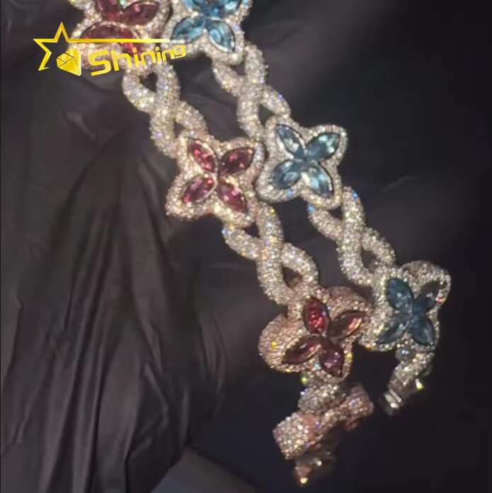 Hot Sale Popular Shining Hip Hop Sier Pink Blue Marquise Infinity Cuban Link Moissanite Bracelet