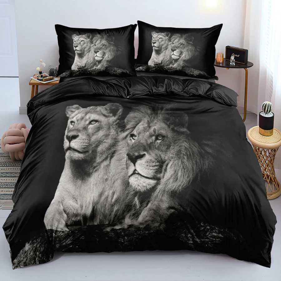 Lion Tiger King Queen Duvet Cover Lovely Wild Animals Bedding Set For Kids Teens Adults Wildlife Grey Black 2/3pcs Quilt CoverM251118