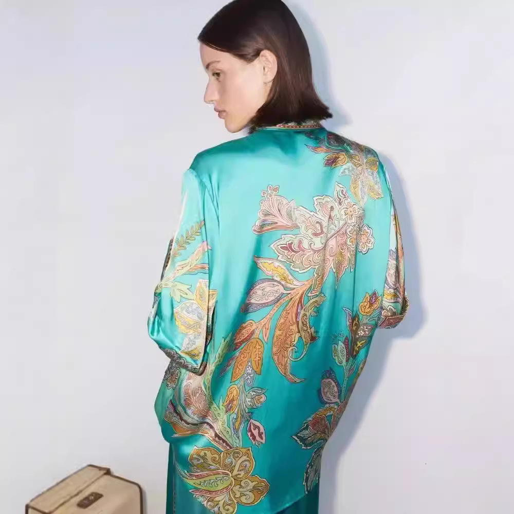 Women Two Piece Wid Let Pants Suit New Printed Satin Short Sleeve Collar Shirt and Pants Casual Set