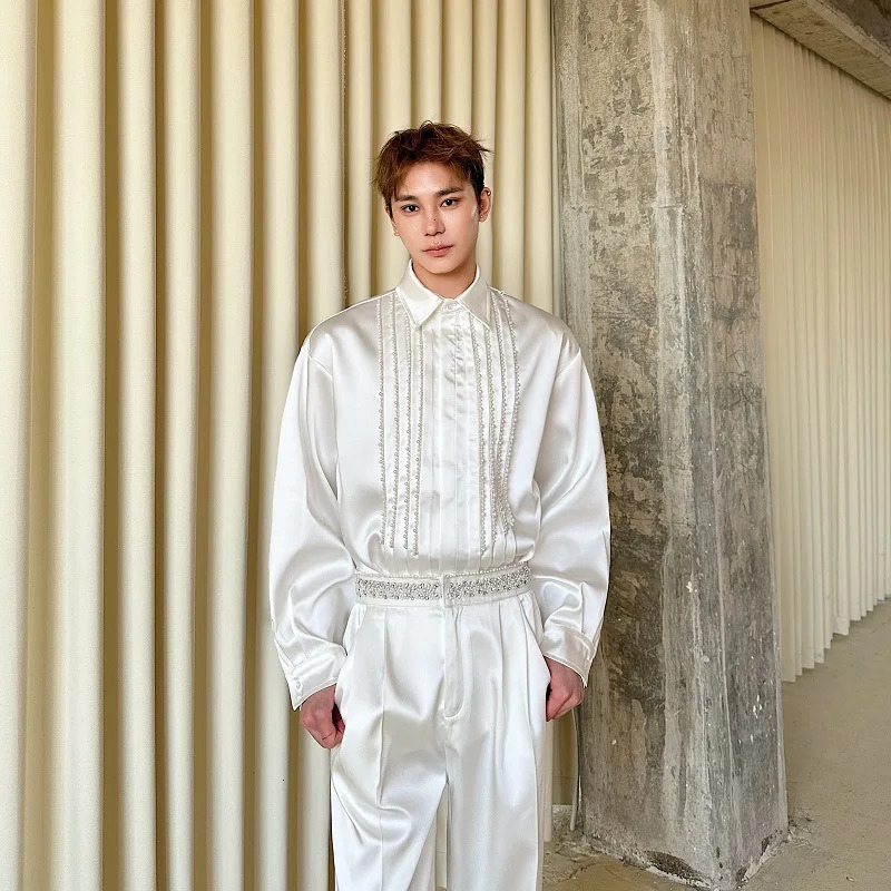 Spring Brocade Lapel Handmade Beaded Long-sleeved Mens Casual Solid Color Versatile Personalized Shirt 250417