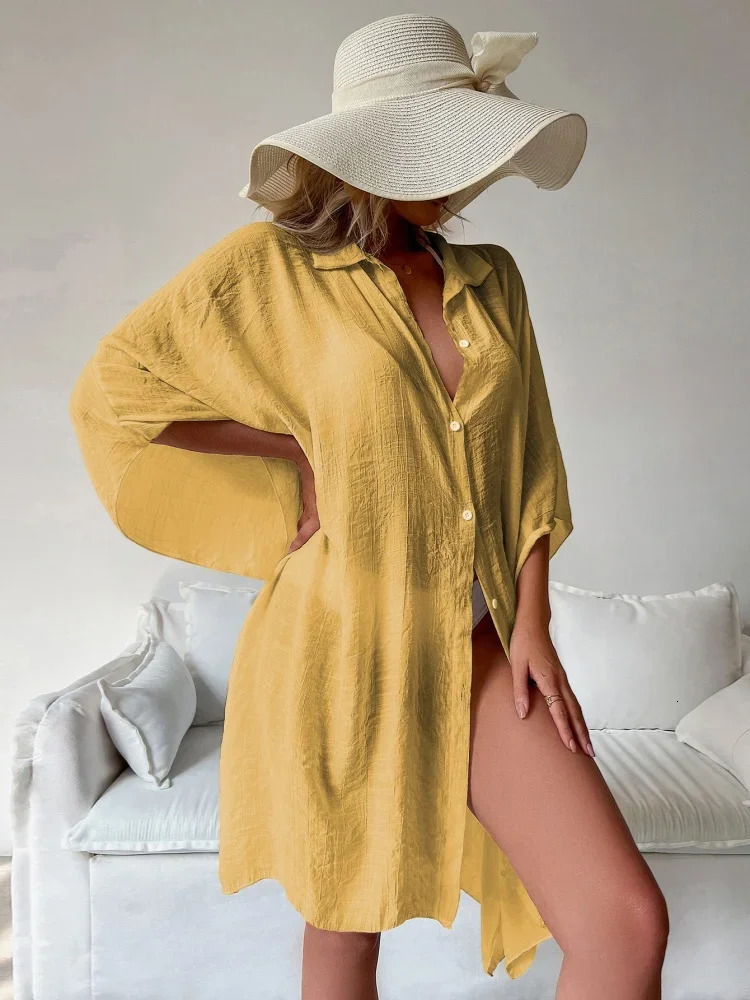 sexy bikini top womens beach shirt Slub cotton 15 color swimsuit Cape 2025 summer long sleeved Tunic set 250415Z