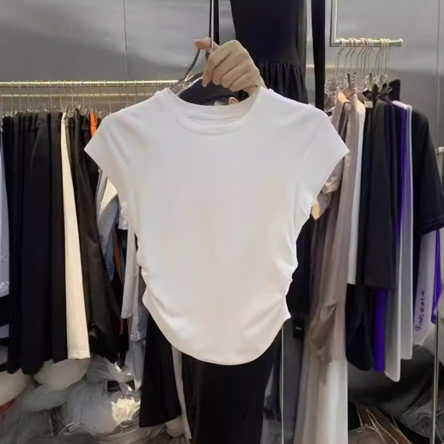 Ins hot girl pure desire waist cinching t-shirt short sleeved women 2024 summer new item solid color base cover slim fit top women's trend