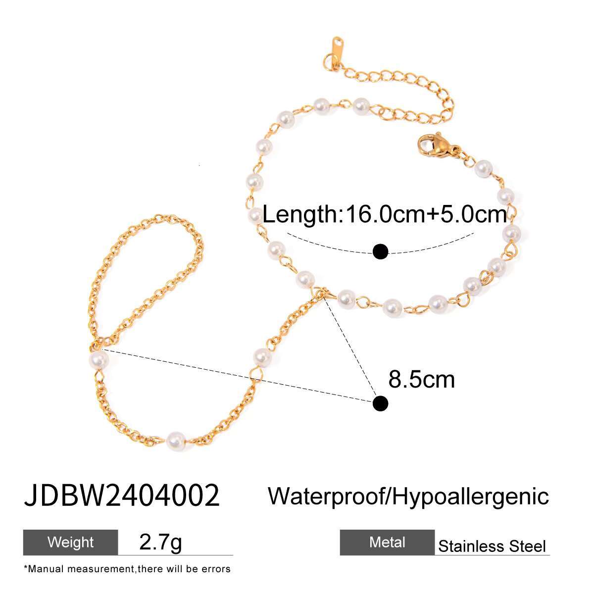J D 18K PVD Plating White Pearl O Shaped Chain Hand Chain Bracelet Finger Bracelet