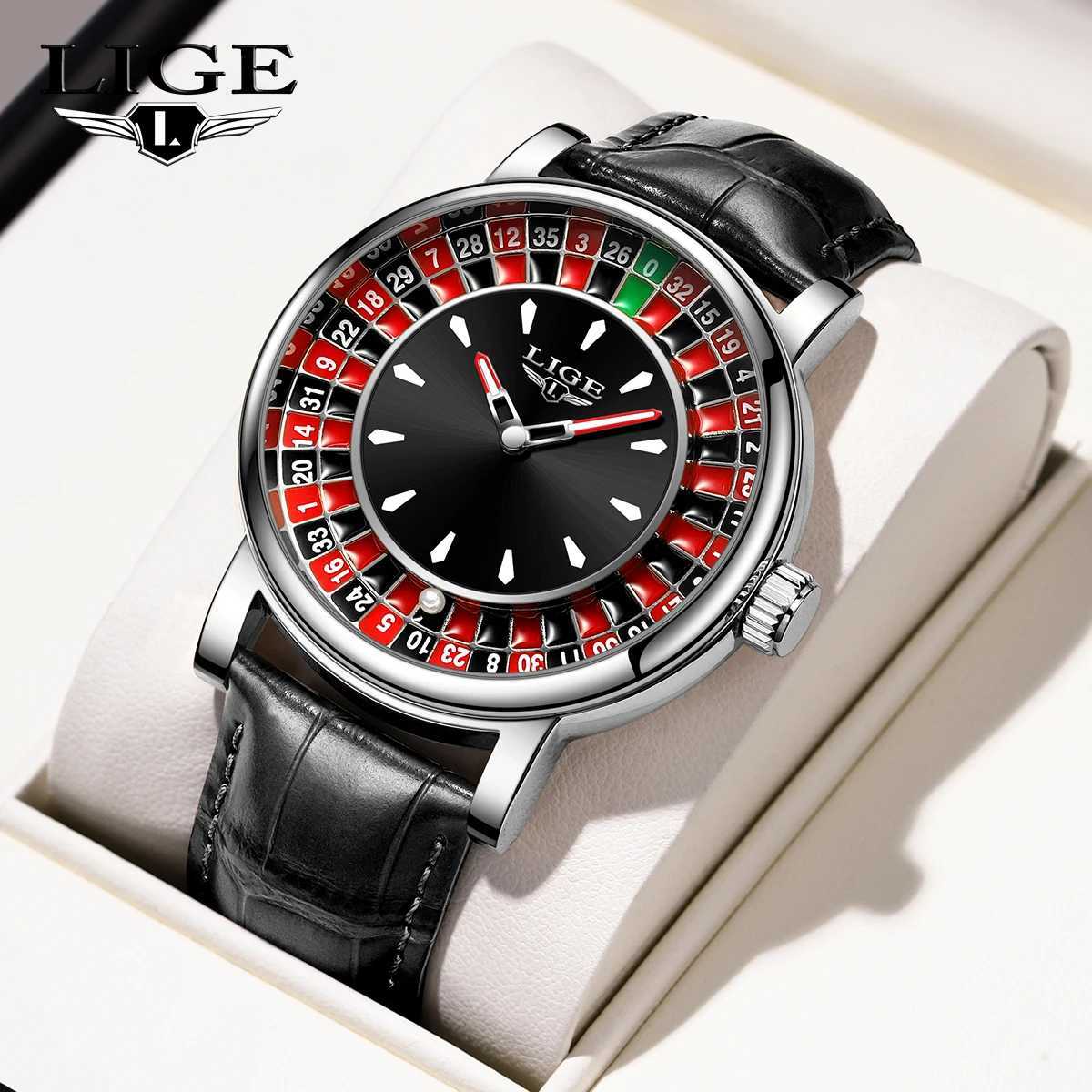LIGE Outdoor Fashion Quartz Mens Watch Leather Casual Retro Creative Gambling Table Roulette Gaming Dial Waterproof Mens Watch M250418