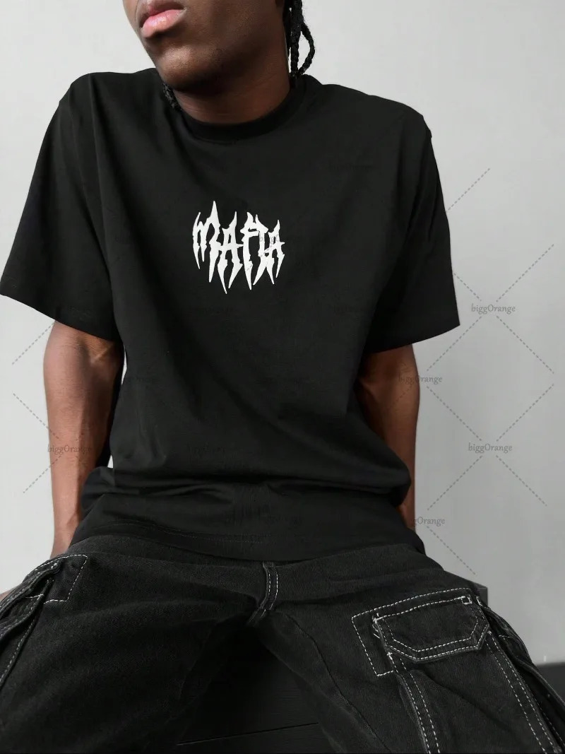 High Street Harajuku Streetwear American Retro Hip Hop Casual Oversized T-shirt Gothic Punk Graphic Top Men Summer Pure Cotton 250417