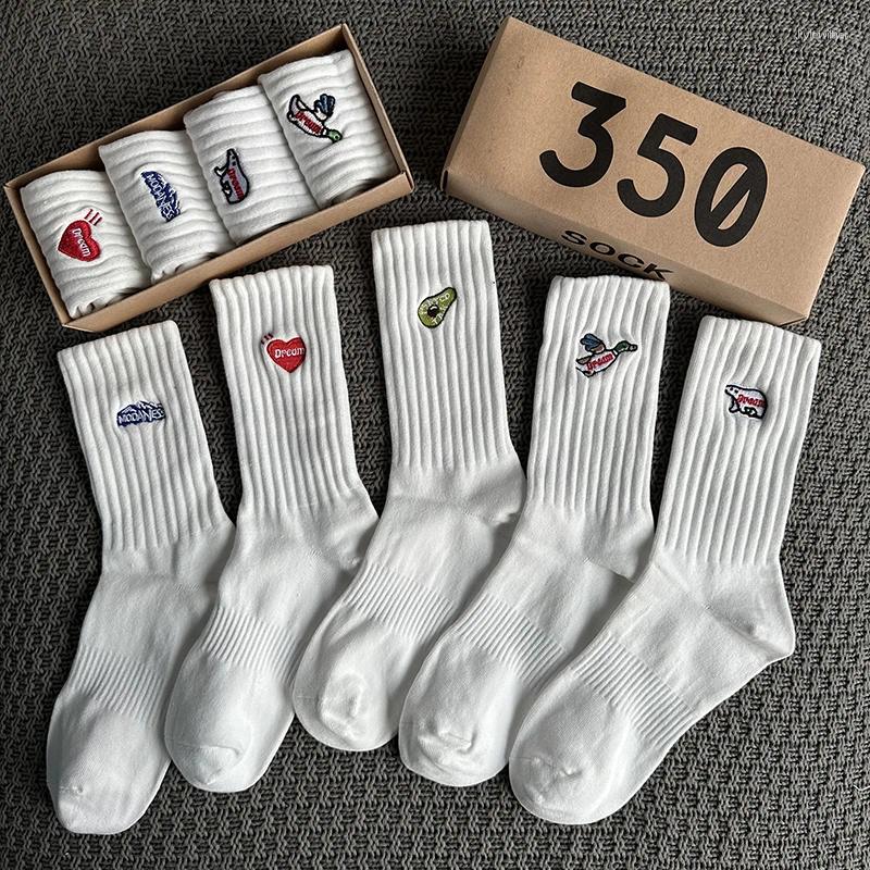 Men's Socks 4Pairs/Box Women's Gift Box Spring Summer Fashion Embroidery Items Funny Gifts Black Middle Tube