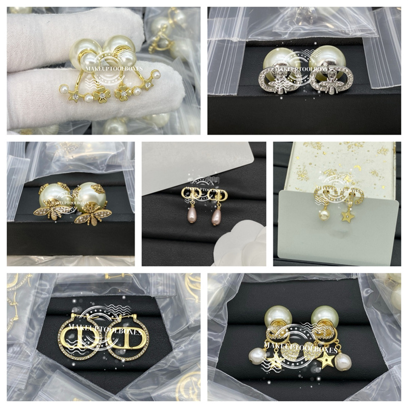 Women's Fashion Jewelry Luxury Designer Brand C D Pearl Crystal Rhinestone Bee Star Love Heart lucky Charm Letter Alphabet Initial Ear Stud Earring J13