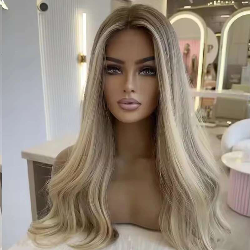 Super Natural Glue-Free Blonde Highlights Raw Russian Unprocessed Hair Je Silk Top Lace Front Wig