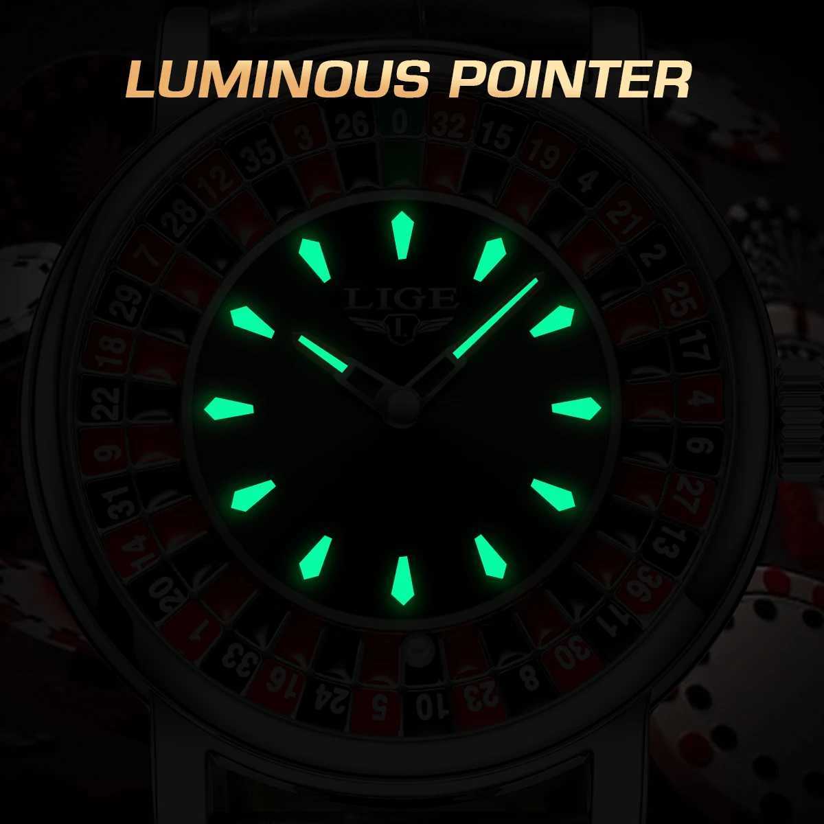 LIGE Outdoor Fashion Quartz Mens Watch Leather Casual Retro Creative Gambling Table Roulette Gaming Dial Waterproof Mens Watch M250418