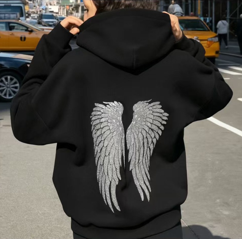 Sequined Embroidery Women's Hoodies High Street Light Colored Gothic Sequined Wing Design Hooded Sweatshirt Korean Fashion Minimalist Jacket Coup