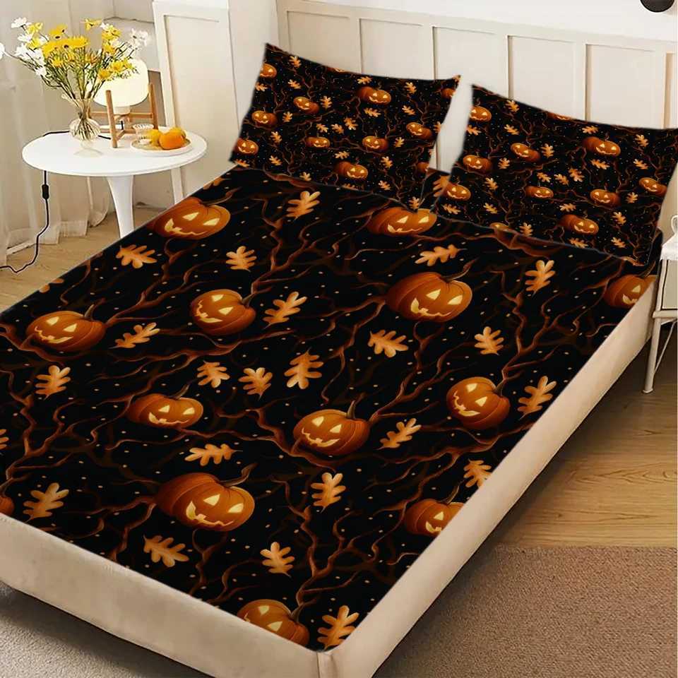 3pcs Fitted Sheet Set Evil Pumpkin Maple Leaf Print Polyester Breathable Bedding Set for Home Halloween Decor with 2 casesM251118