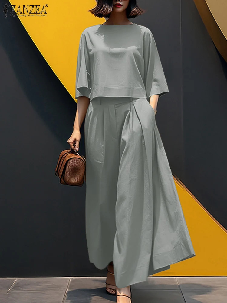 ZANZEA 2PCS Womens Summer Pants Set Casual Solid Work Clothes 34 Sleeve Shirt Wide Leg Trouser Fashion Matching 250418
