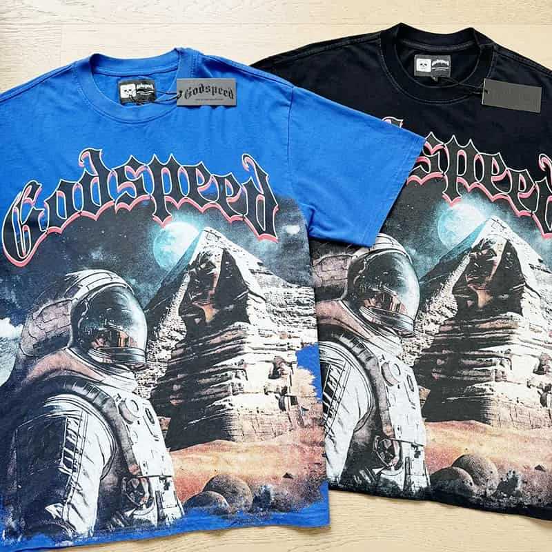 Fine Fabric Godspd T-shirt Trendy Spaceman Print Strtwear Real Photo Casual Wash Blue Tops GOD SPD T Short SlveC250418