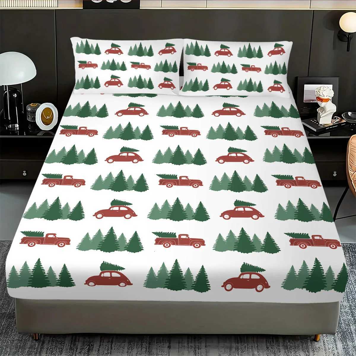 3pcs Merry Christmas Grass Car Printed Chipless Bed Sheet Set Multi Size Bed Cover Bedroom Bedding Holiday DecorationM251118