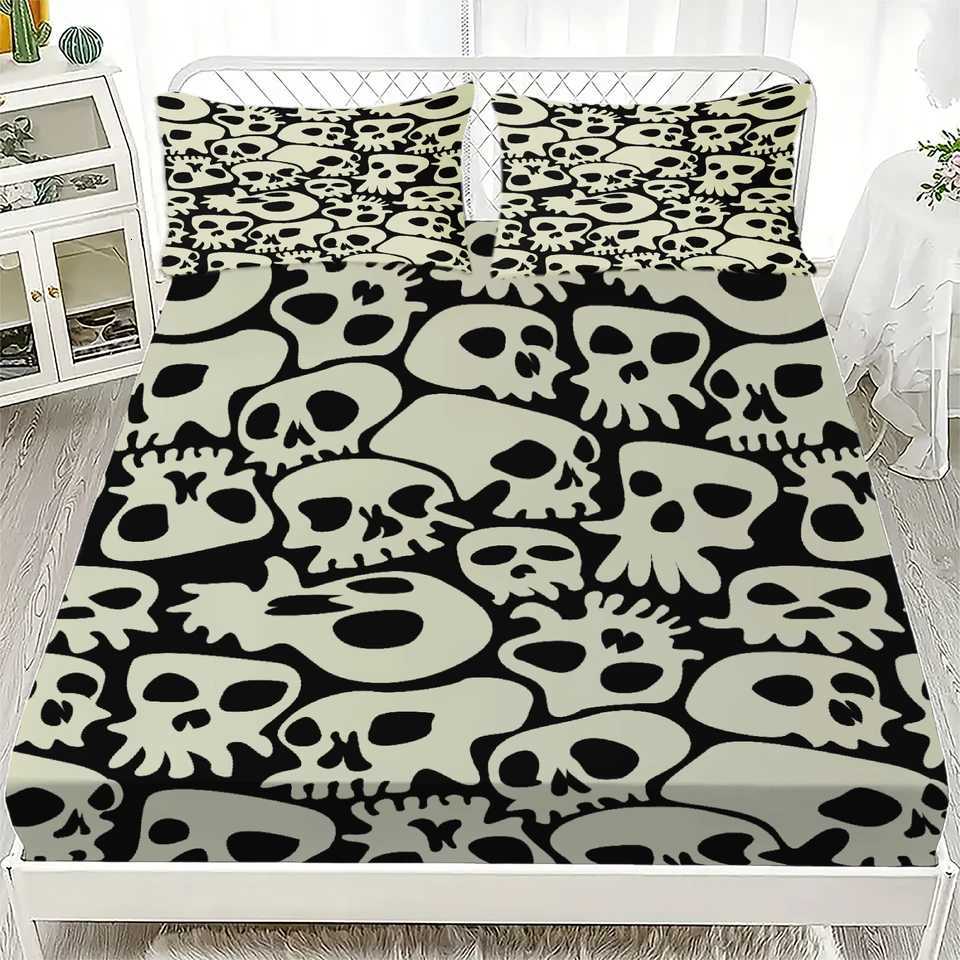 3pcs Fitted Sheet Set Gothic Style Skull Flowers Print 100 Polyester Breathable Bedding Set for Home Decor with 2 casesM251118
