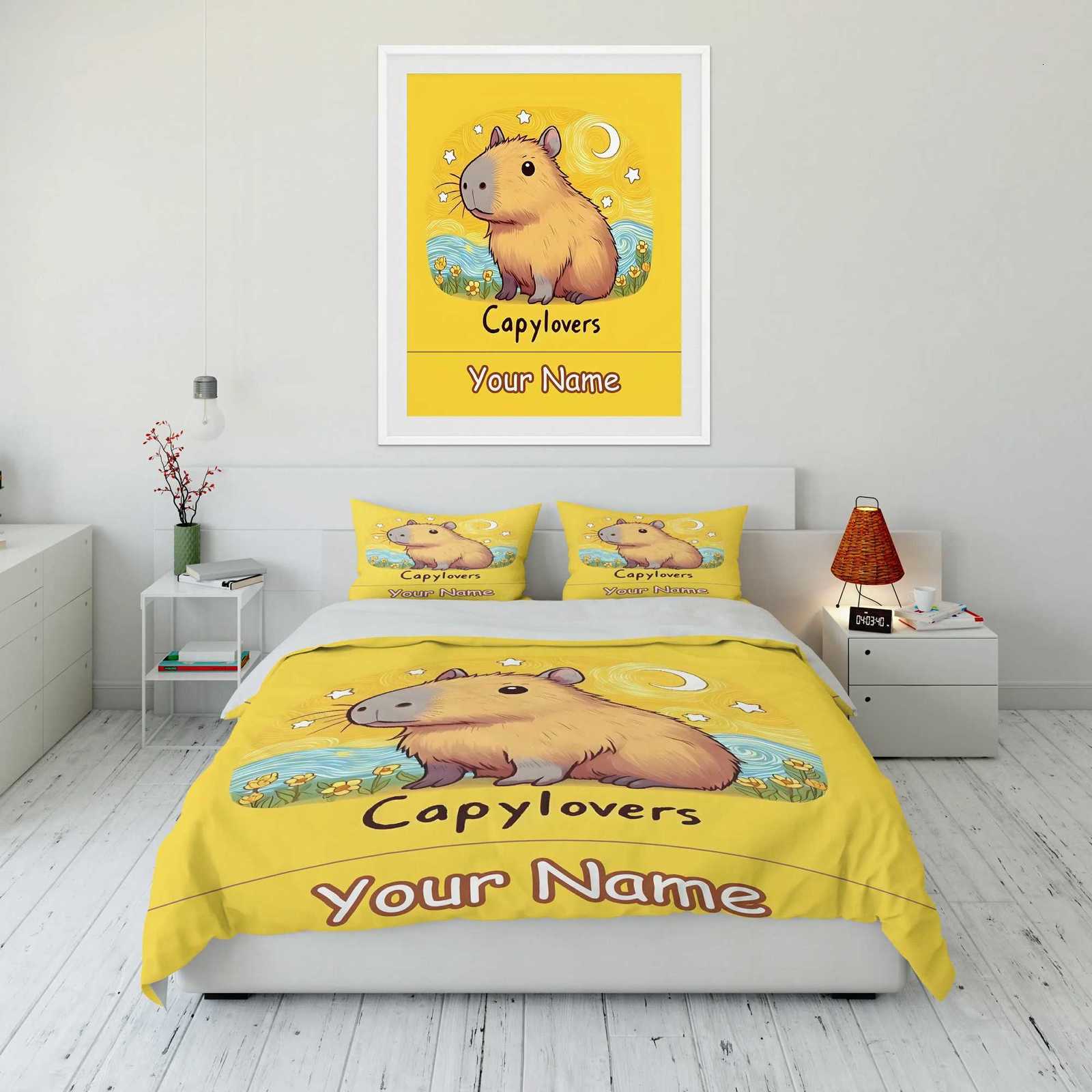 3PC Custom Name Capybara Printed Bedding Set Cartoon Anime Duvet Cover Comforter case Boys Girls Children Adults KingM251118