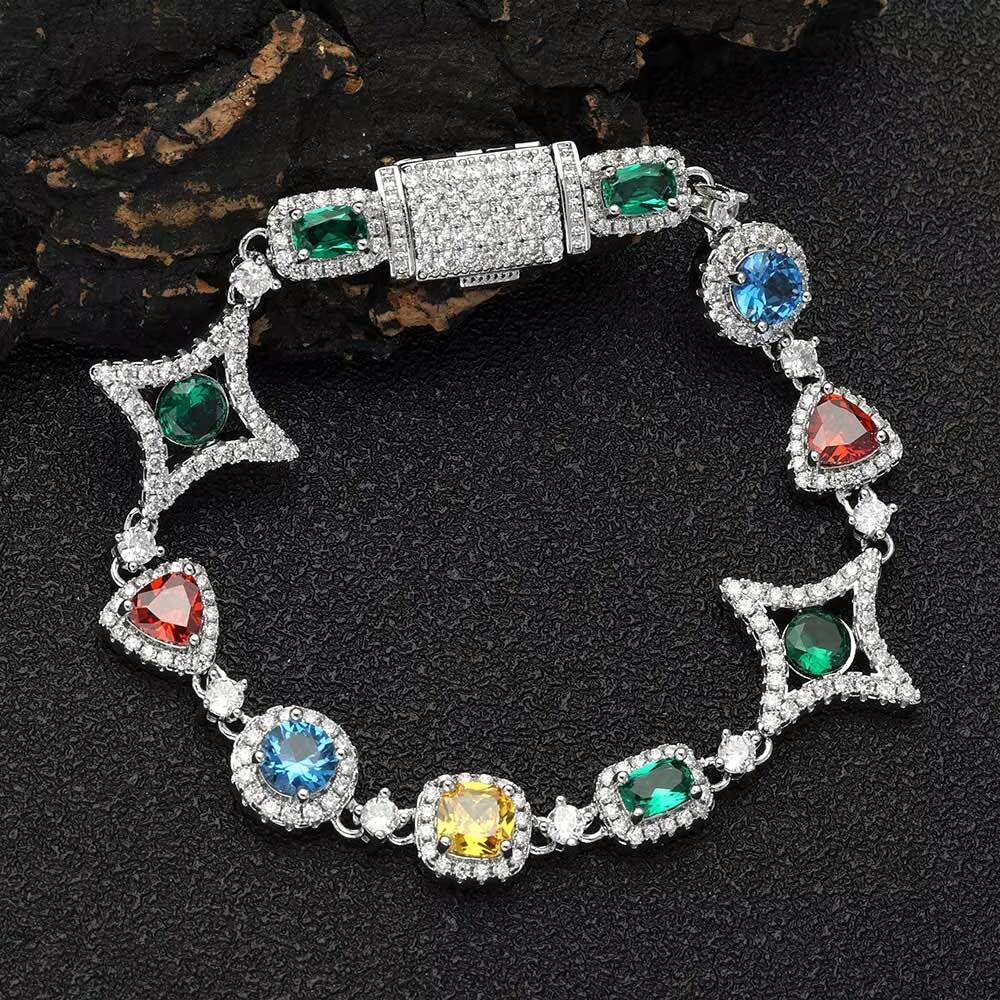 NUOYA Hip Hop Jewelry Womens Iced Diamond Star Chain Silver Plated Brass Chain Multicolor Zircon Cubic Gemstones Bracelet Gift
